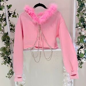 Sugar Thrillz Cropped Hoodie with Shiny Gem Chains & Fur lined hood- size small